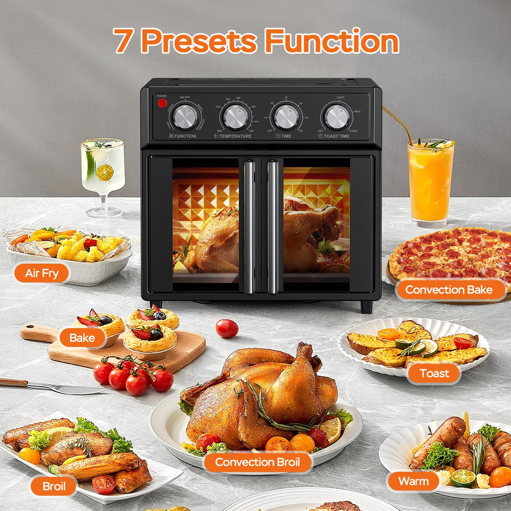 29.5 QT Air Fryer Convection Toaster Oven, French Door, 6 Slices, 1700W, Multifunction Oven, Air Fryer, Toast, Grill, Defrost, Bake, Time And Temperature Controls, Black