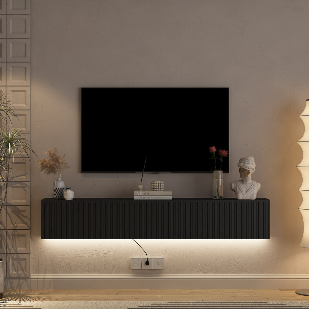 Floating TV Stand Wall Mounted With 16 Color LEDs,69 Modern TV Stand, Floating TV Cabinet Entertainment Center For 55 60 65 Inch TV,Black