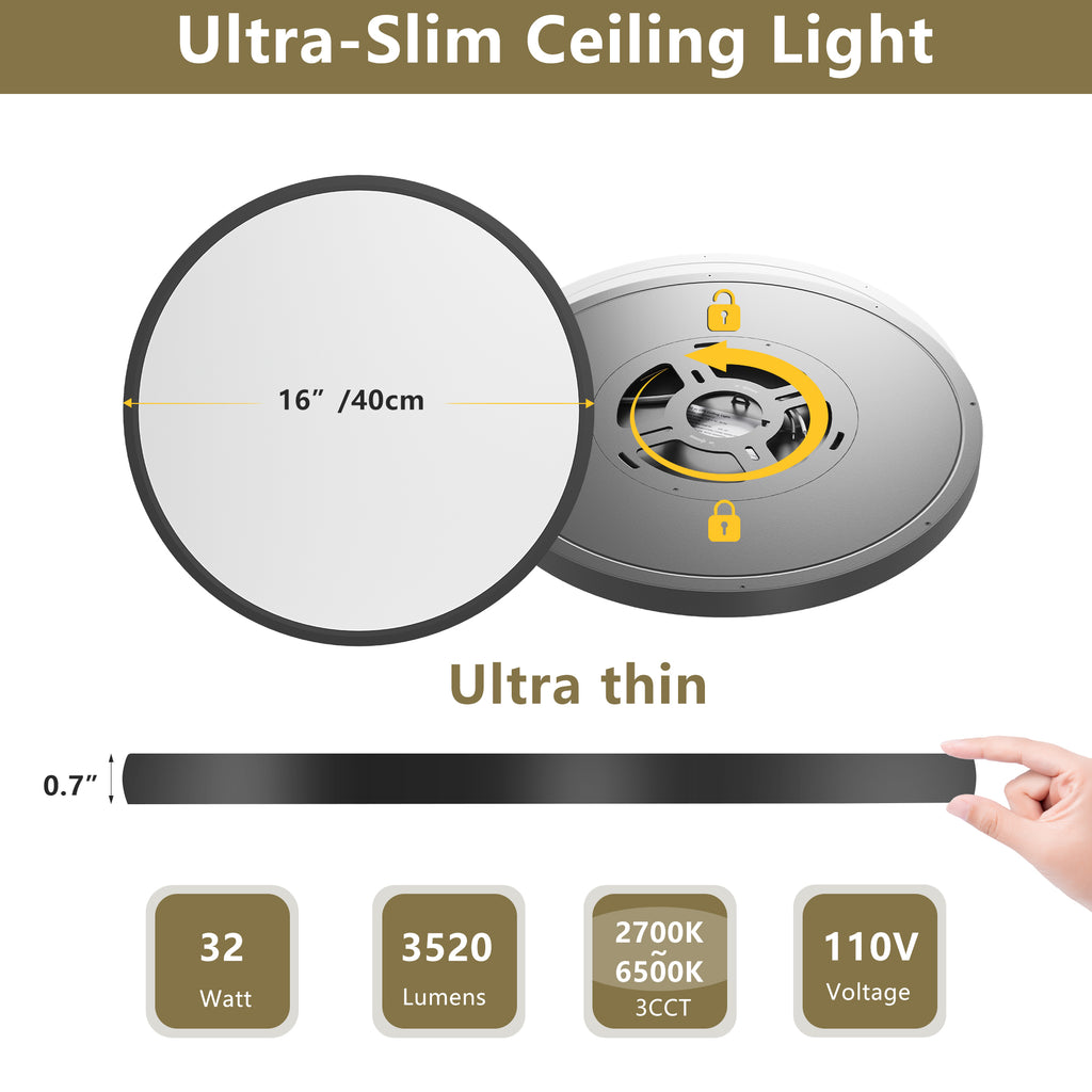 4 PACK Flush Mount LED Ceiling Light Fixture Black, 16Inch 32Watt, Dimmable & 5 Color Selectable Ceiling Lamp 3520LM Low Profile Ceiling Light For Kitchen Bedroom Hallway Porch