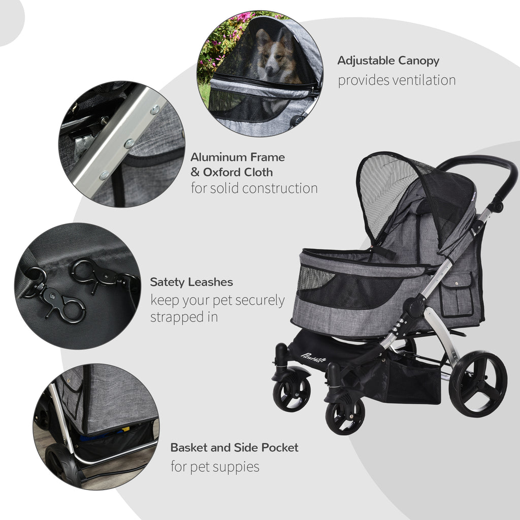 Pet Stroller Foldable Dog Cat Travel Carriage with Adjustable Handlebar PVC Wheel Brake Storage Bag Window Safety Leash