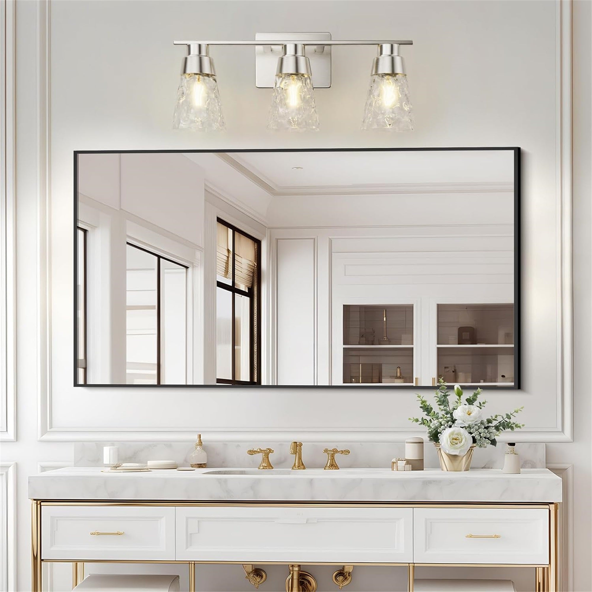 3 Light Brushed Nickel Bathroom Vanity Light Fixtures With Clear Hammered Glass Shade, 22 Inch Bathroom Lighting Fixtures Over Mirror, For Bathroom Shower Toilet