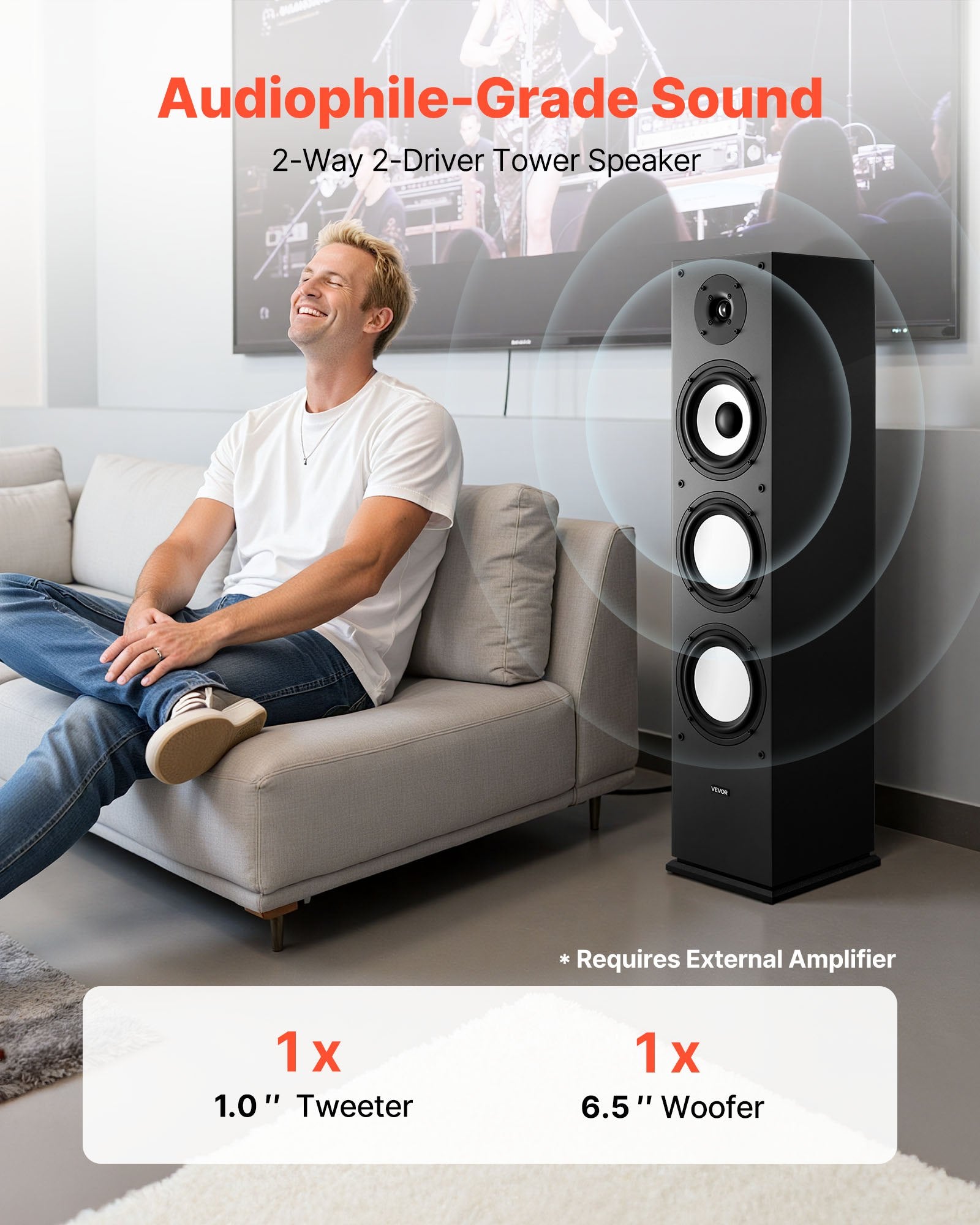 Floorstanding Speaker, 2-Way, Floor-Standing Tower Speaker With 1-Inch Tweeter, 6.5-Inch Woofer, 200W Peak Power, 70Hz–20kHz Frequency Response, Durable MDF Enclosure, For Home Audio, Single