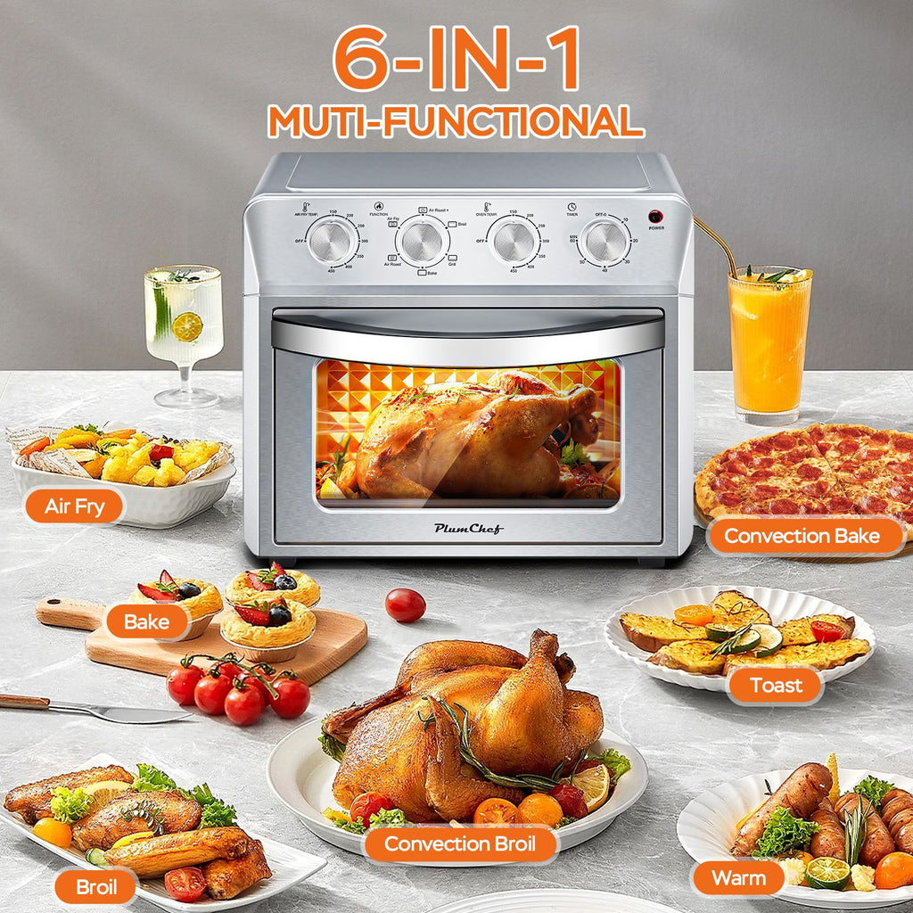 27.5QT 6-in-1 Air Fryer Toaster Oven, 6-Slice, Countertop Convection Oven, Air Frying, Baking, Roasting, Broiling & Grilling, 1600W, Sliver