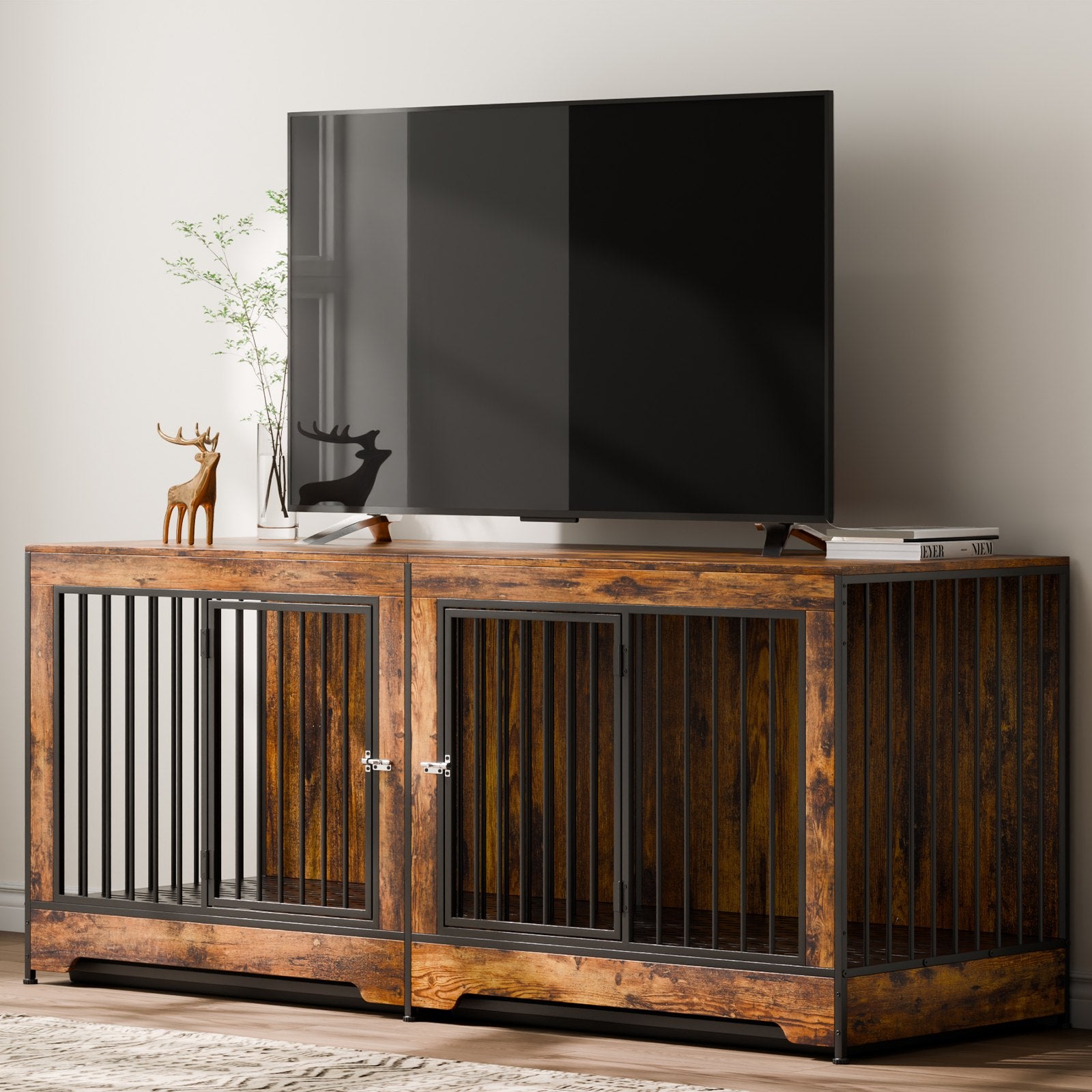 Dog Crate Furniture 75 In Indoor Wooden Dog Kennel With Divider And Tray