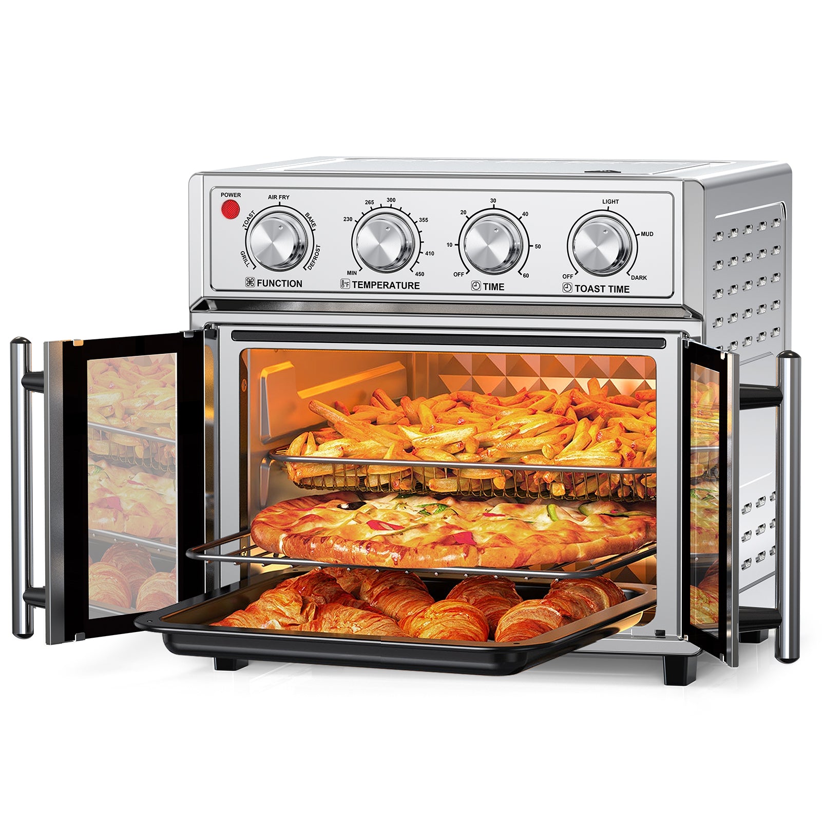 29.5 QT Air Fryer Convection Toaster Oven, French Door, 6 Slices, 1700W, Multifunction Oven, Air Fryer, Toast, Grill, Defrost, Bake, Time And Temperature Controls, Silver