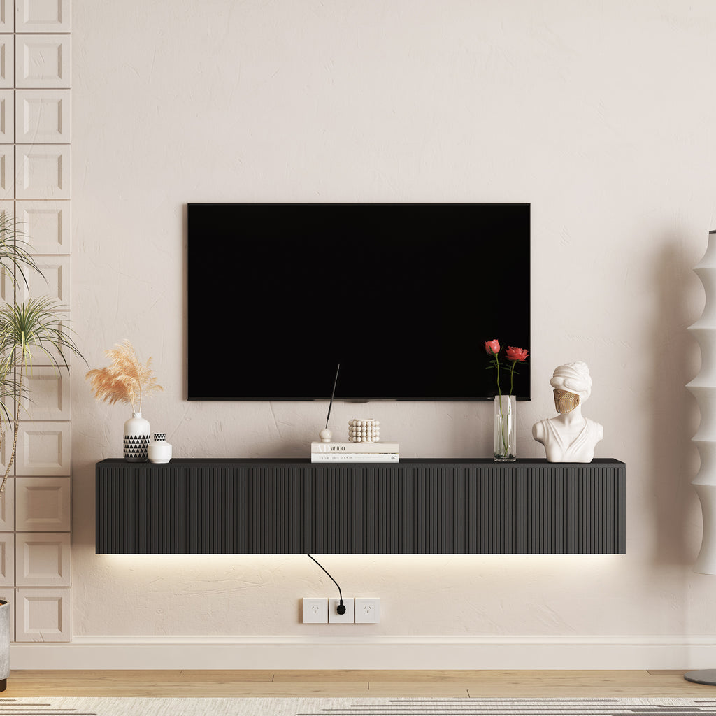 Floating TV Stand Wall Mounted With 16 Color LEDs,69 Modern TV Stand, Floating TV Cabinet Entertainment Center For 55 60 65 Inch TV,Black