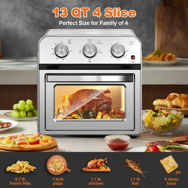 Family Size Air Fryer Toaster Oven Combo, 13QT, 360° Hot Air Circulation For Healthy Oil-Free Cooking, Multifunctional Convection Contertop Oven, Adjustable Time & Temp Control, Stainless Steel