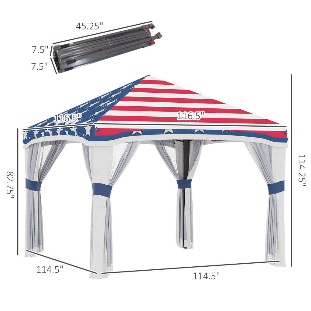 10' x 10' Pop Up Canopy Tent with Netting, Instant Tents for Parties, Height Adjustable, with Wheeled Carry Bag and 4 Sand Bags for Outdoor, Garden, Patio, American Flag