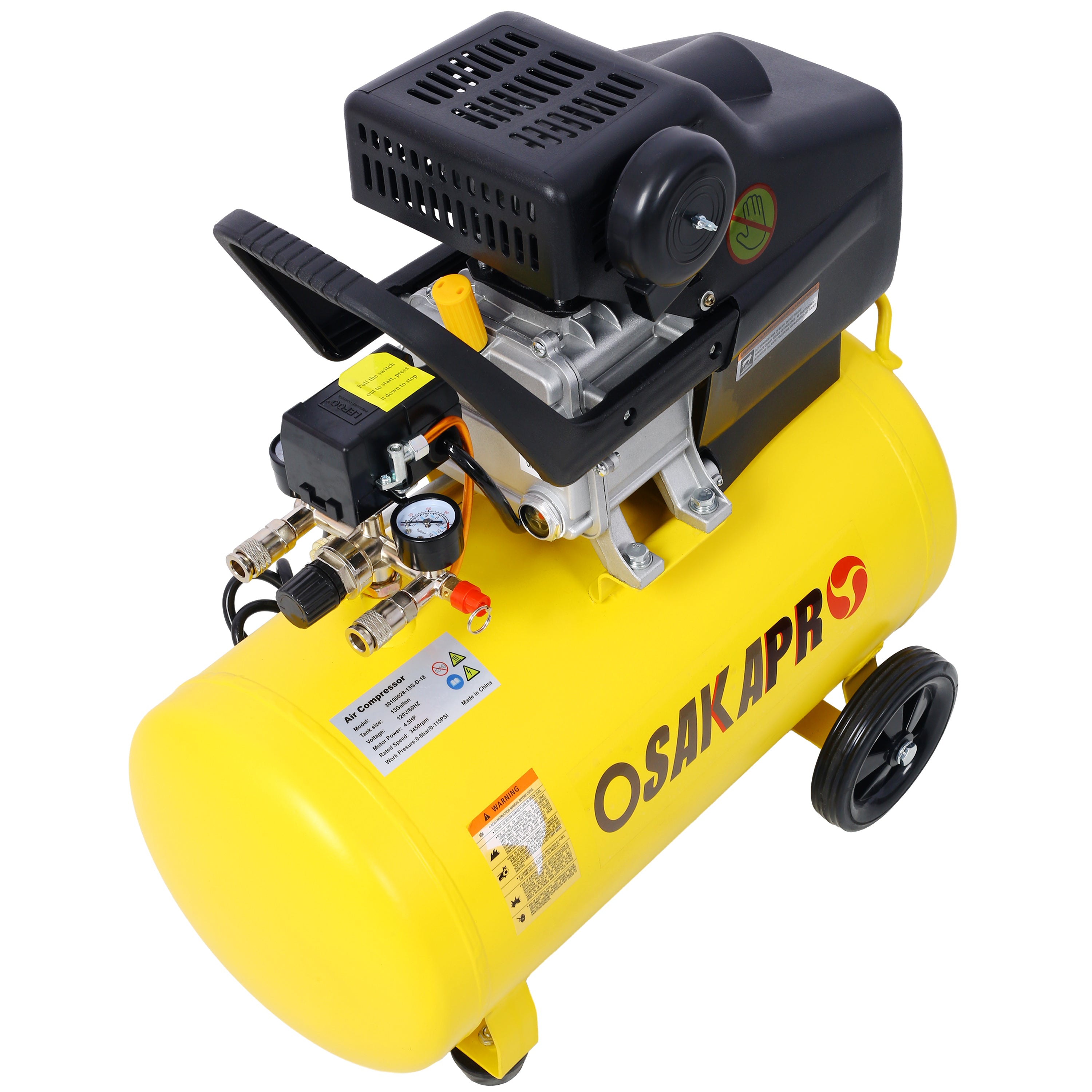 4.5HP Portable 13 Gallons Oil-Lubricated Air Compressor Tank Ultra Quiet Horizontal Tank Adjustable Pressure With Built-in Wheel