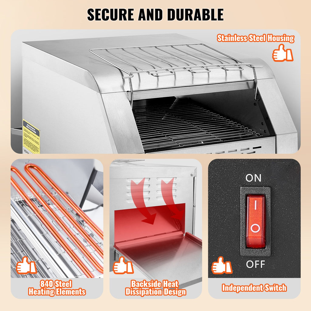 Commercial Conveyor Toaster, 300 Slices/Hour Conveyor Belt Toaster, Heavy Duty Stainless Steel Commercial Toaster Oven, Electric  Restaurant Commercial Toaster For Toast Bun, Bagel, Bread