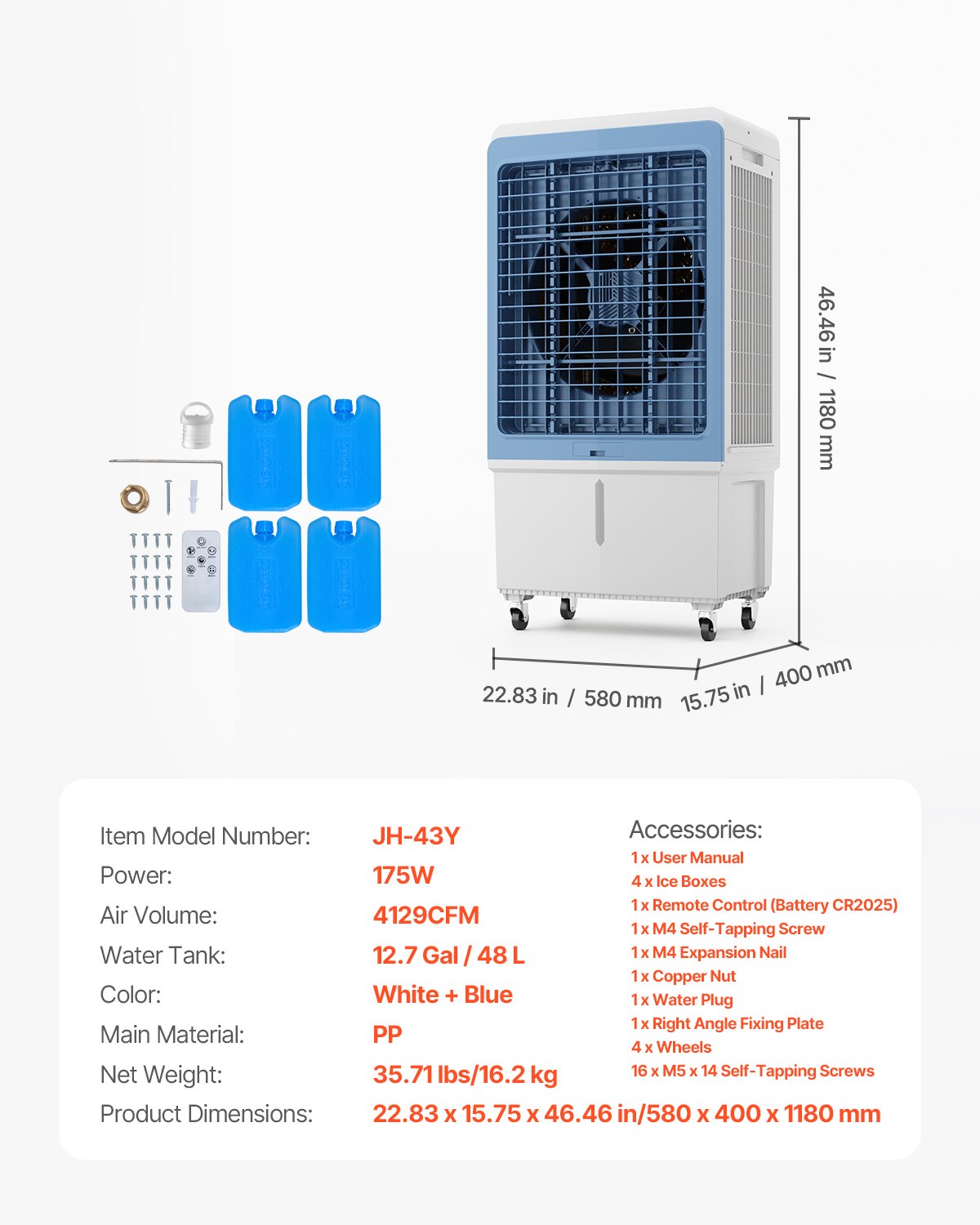 Evaporative Air Cooler 4129 CFM With 12.7 Gal Water Tank Portable Swamp Cooler