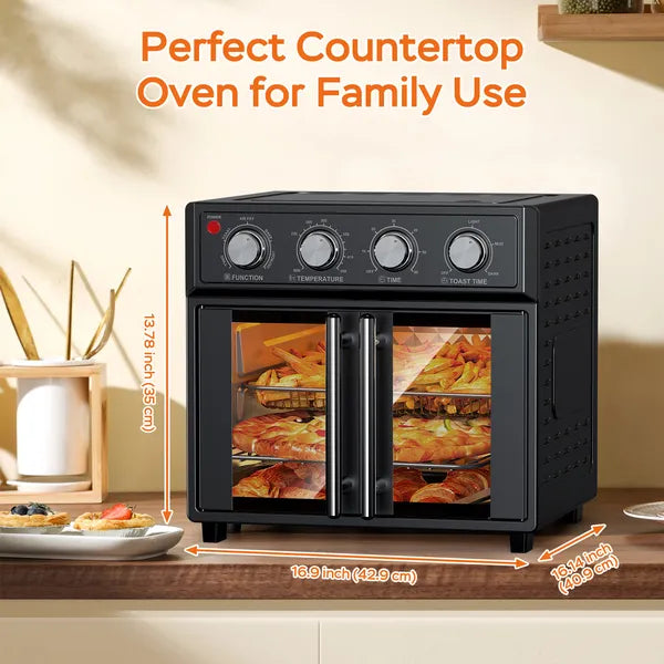 PlumChef 29.5 Quart Extra Large 6 Slices Air Fryer Convection Toaster Oven, French Door, 1700W, Multifunction Oven For Air Fryer, Toast, Grill, Defrost, Bake, Time And Temperature Controls, Black