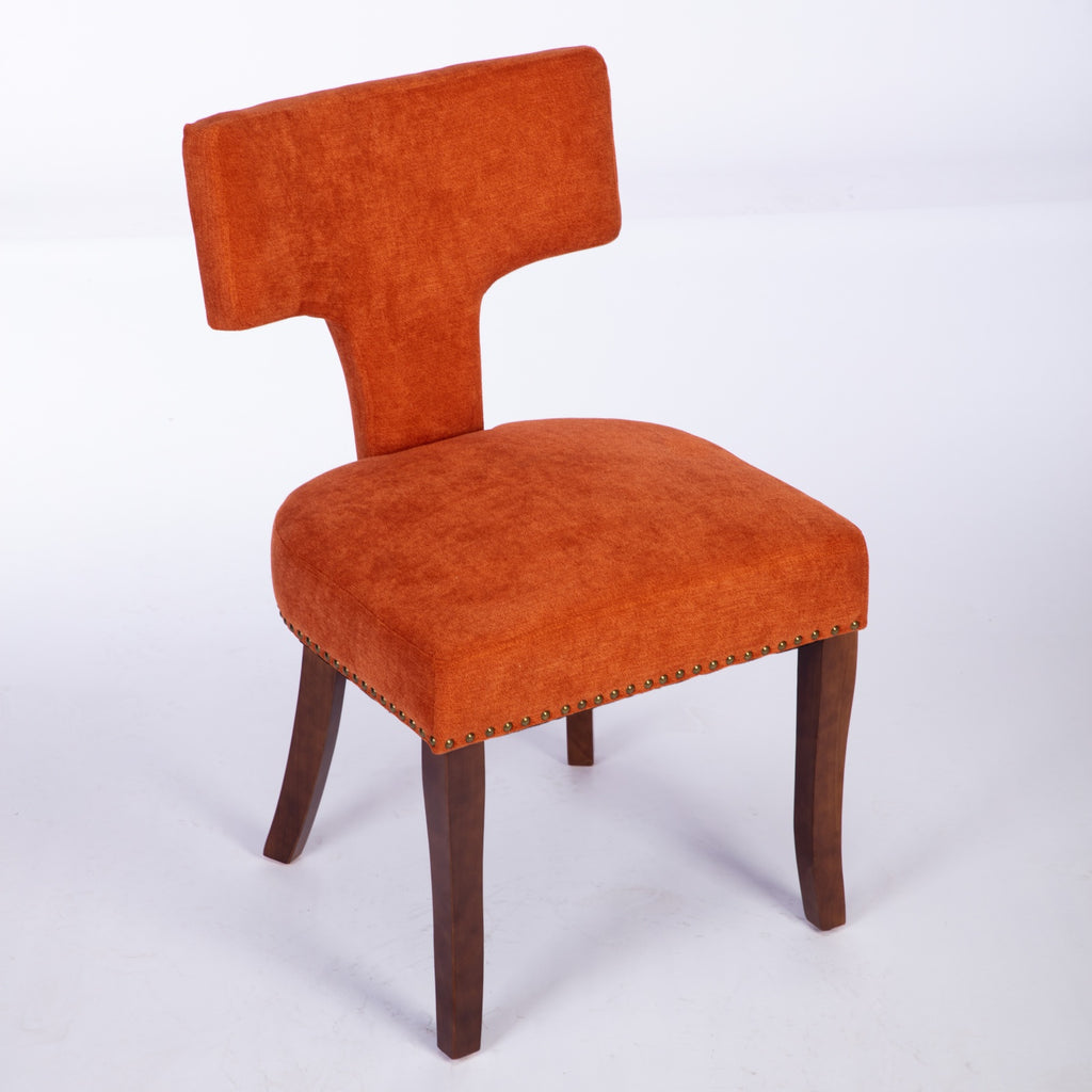 Mid Century Modern Dining Chairs Set Of 2, Farmhouse Linen Fabric Upholstered Accent Chair Curved Backrest With Copper Nails Around,Kitchen Chairs With Hardwood Frame, Orange