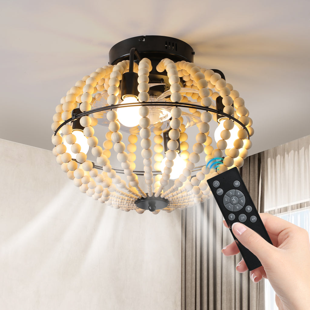 18 Bohemian Wood Beaded Ceiling Fan With Light, Flush Mount Caged Ceiling Fan, Rustic Farmhouse Low Profile Fan Light Fixture For Indoor Home Decor  Silent 6-Speed Reversible  DC Motor  No Bulbs