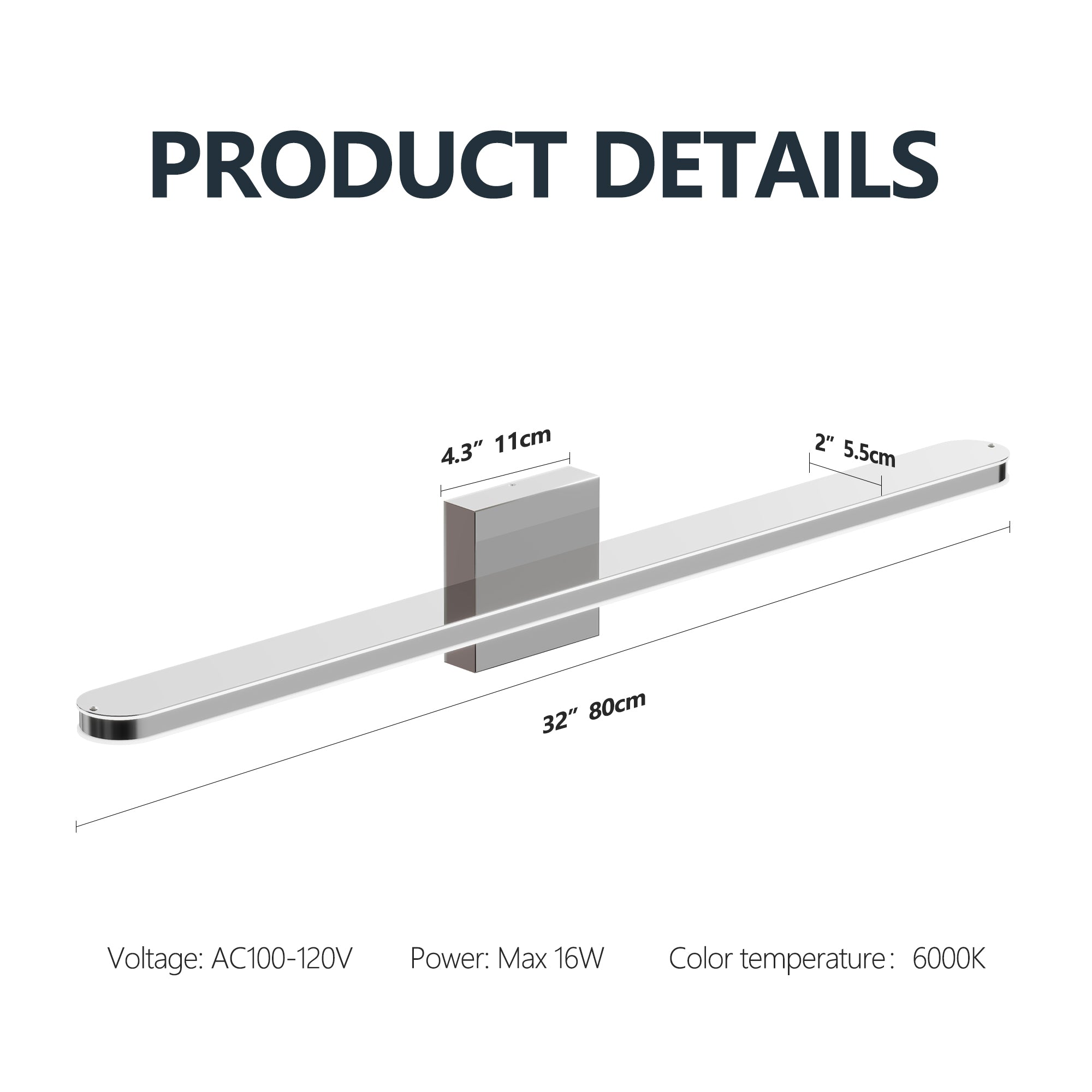 Modern LED Vanity Lights For Bathroom 32IN 16W Daylight White Chrome Light Fixtures Bathroom Lights Over Mirror Vanity Lighting Fixtures Vanity Light