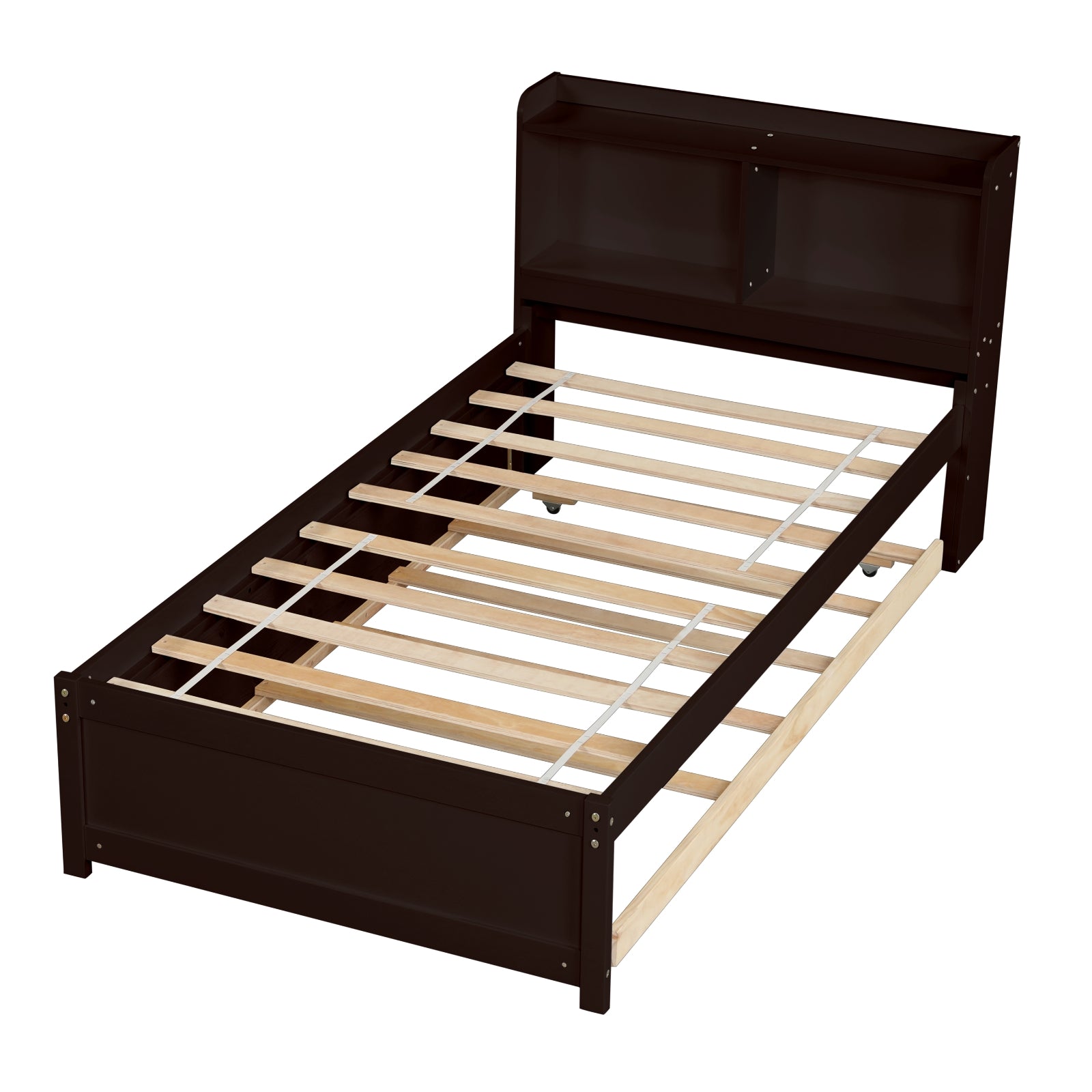 Twin Bed With Trundle,Bookcase,Espresso