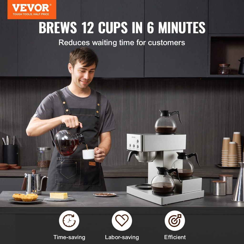 Commercial Drip Coffee Maker, 12 Cups Coffee-Maker Machine With 4 Glass Carafes And 4 Decanter Warmer Plates, Stainless Steel Drip Style Coffee Brewer, For Restaurant, Office, Coffee Shop & Home
