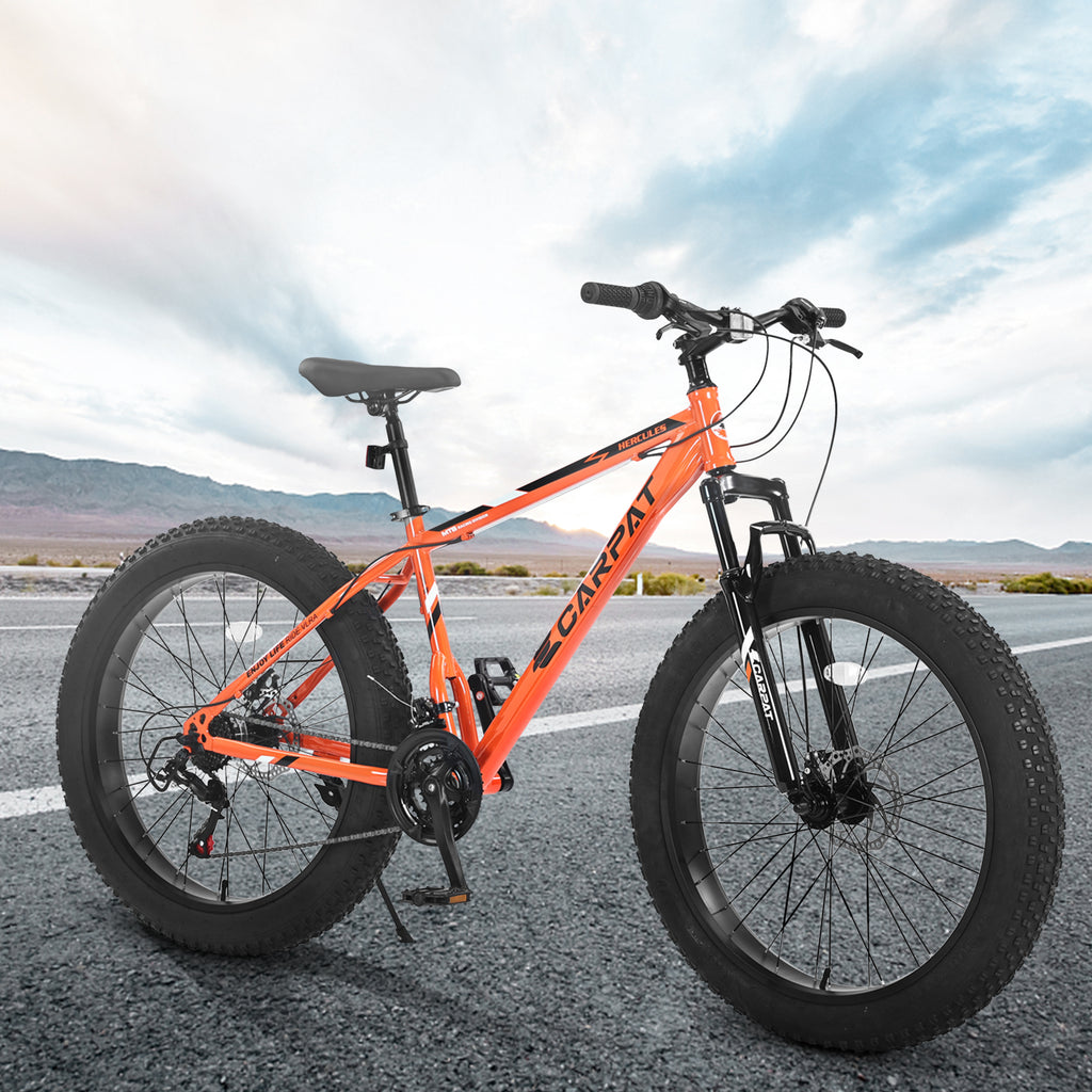 S26109 26 Inch Fat Tire Bike Adult-Youth Full Shimano 21 Speed Mountain Bike, Dual Disc Brake, High-Carbon Steel Frame, Front Suspension, Mountain Trail Bike, Urban Commuter City Bicycle