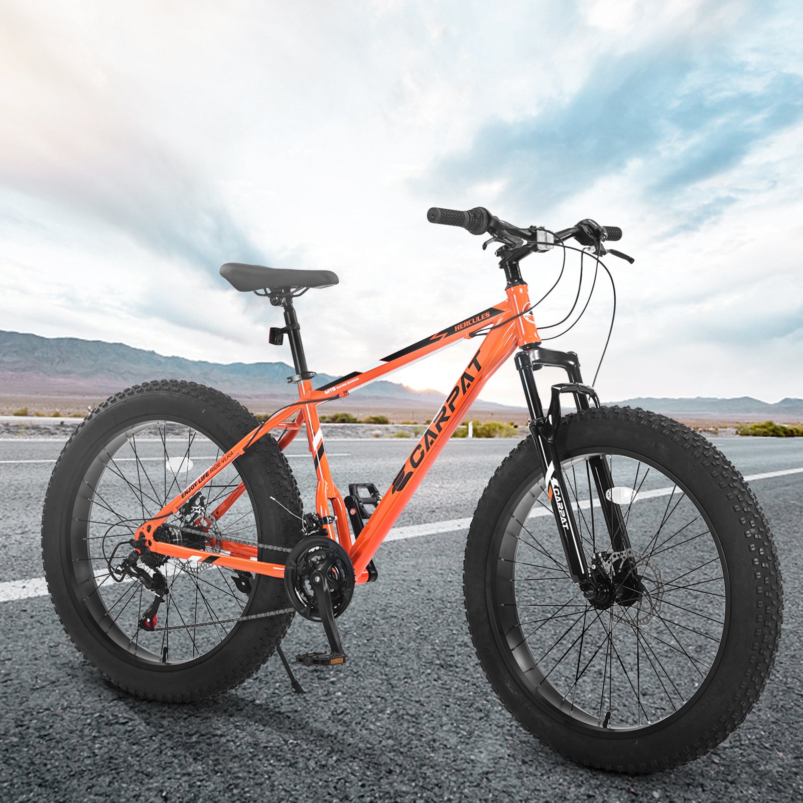 S26109 26 Inch Fat Tire Bike Adult-Youth Full Shimano 21 Speed Mountain Bike, Dual Disc Brake, High-Carbon Steel Frame, Front Suspension, Mountain Trail Bike, Urban Commuter City Bicycle