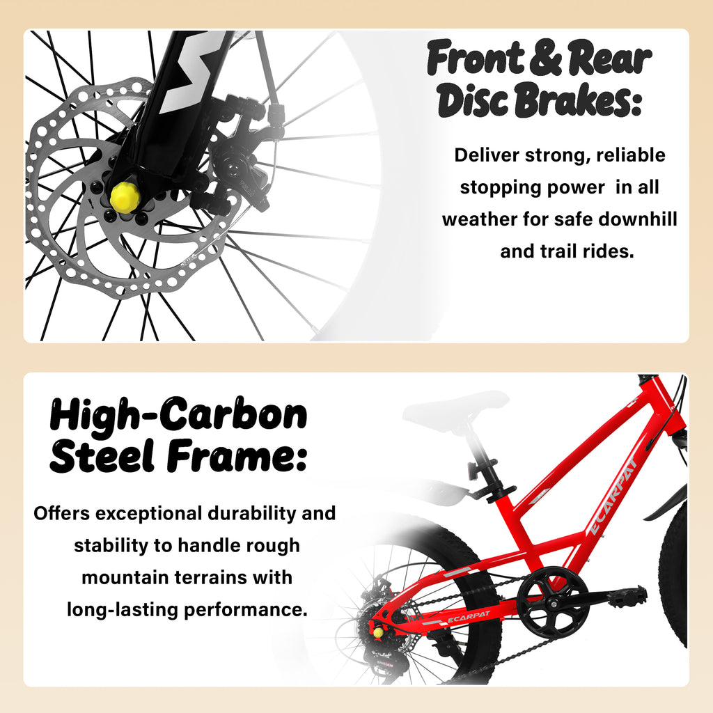A20184 20 Inch Mountain Kids Bike For Boys & Girls, Ages 6-12, 7-Speed With Front Suspension