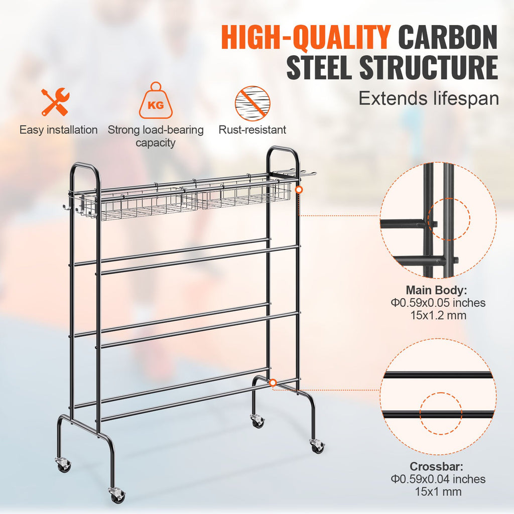 Basketball Rack, 4-Layers Rolling Basketball Shooting Training Stand, Sports Equipment Storage Organizer With Wheels, Hooks And Baskets, Garage Ball Storage Holder For Football Soccer Volleyball
