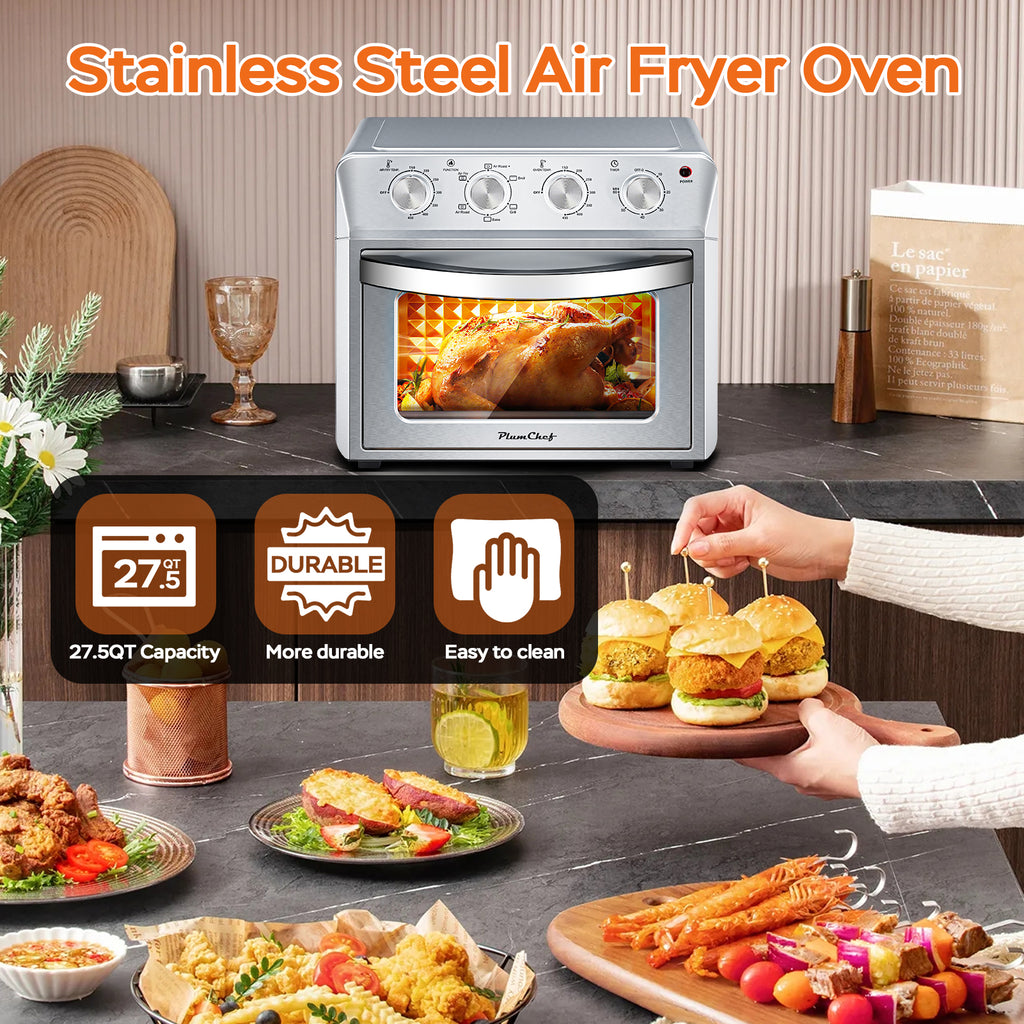 27.5QT 6-in-1 Air Fryer Toaster Oven, 6-Slice, Countertop Convection Oven, Air Frying, Baking, Roasting, Broiling & Grilling, 1600W, Sliver