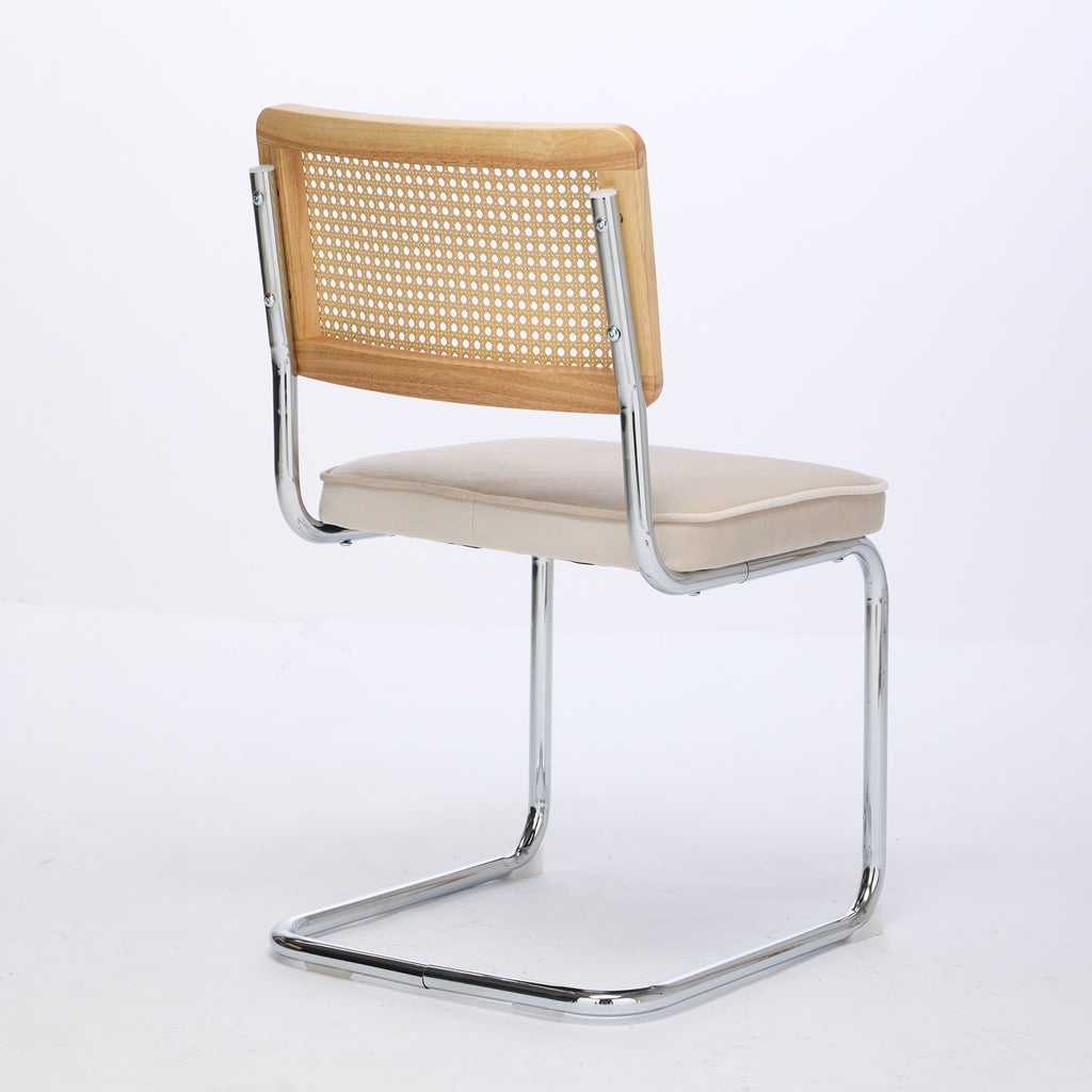Mid Century Modern Dining Chairs Set Of 2, Velvet Accent Chairs With Natural Cane Back & Stainless Chrome Base, Famous Breuer Designed Chairs, Upholstered Rattan Kitchen Chairs,Beige