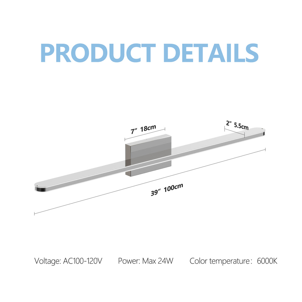 Modern LED Vanity Lights For Bathroom 39IN 24W Daylight White Chrome Light Fixtures Bathroom Lights Over Mirror Vanity Lighting Fixtures Vanity Light
