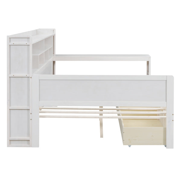 Wooden Full-size Sofa Bed With Storage Rack, Multifunctional Bed With Two Storage Drawers And Desk, Antique White