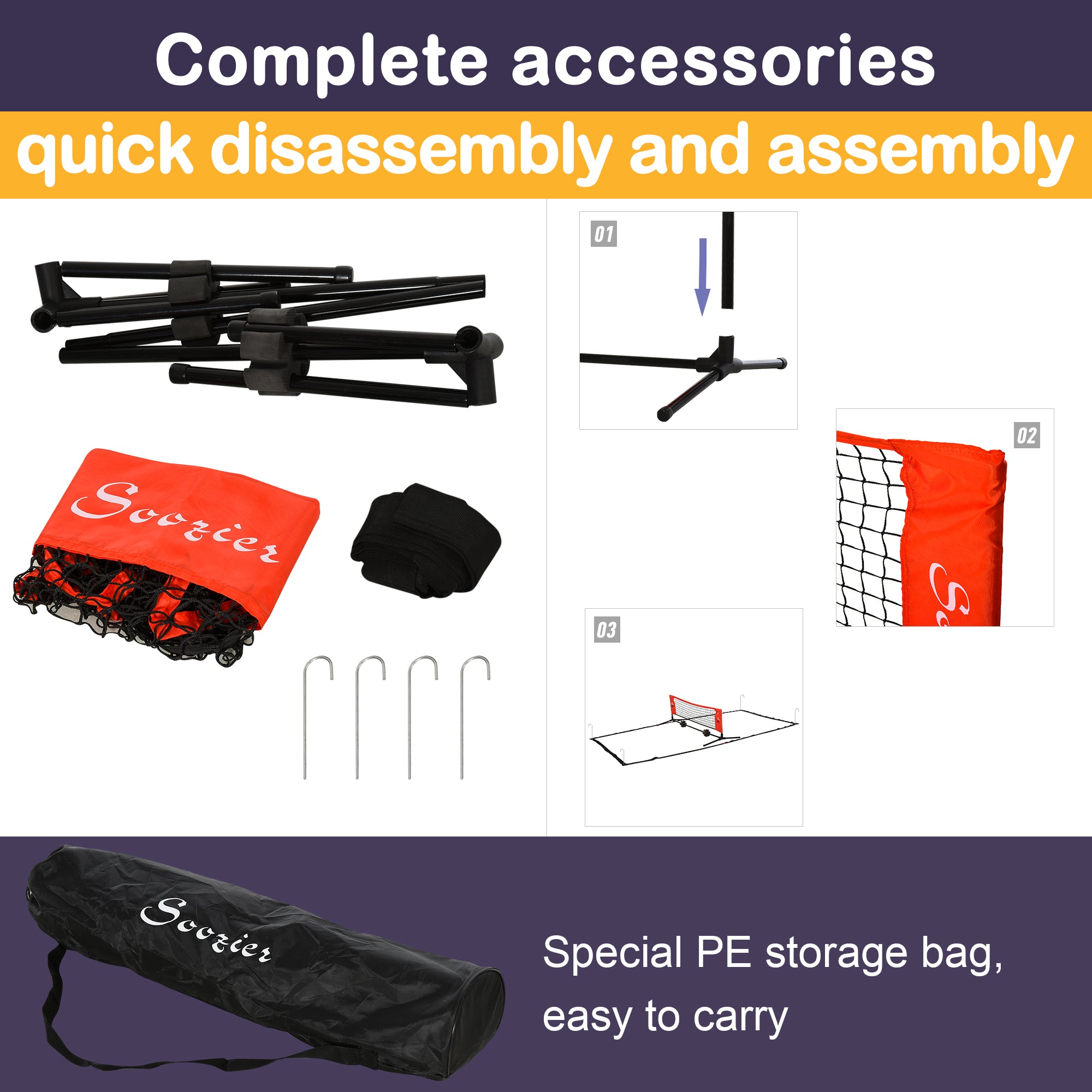 10ft Portable Soccer Tennis/Pickleball/Badminton/Mini Tennis Net w/ Sideline for Training with Included Storage Bag, Red