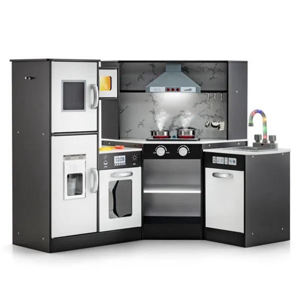 Interactive Kids Play Kitchen With Ice Maker & Chalkboard, Corner Design Pretend Cooking Set With Realistic Sound Effects-Coffee