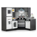 Interactive Kids Play Kitchen With Ice Maker & Chalkboard, Corner Design Pretend Cooking Set With Realistic Sound Effects-Coffee