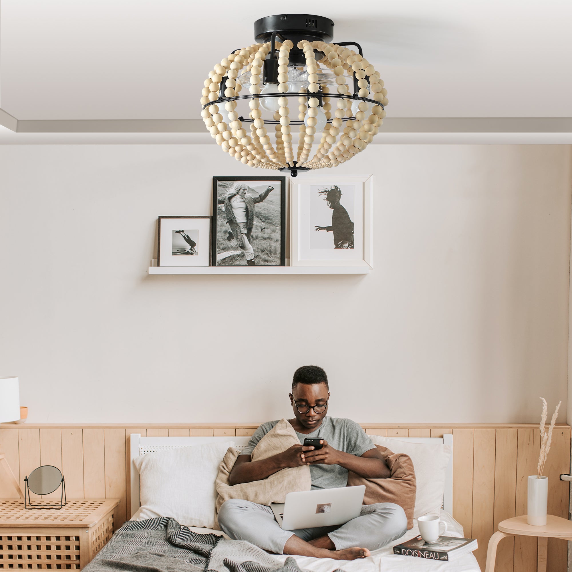 18 Bohemian Wood Beaded Ceiling Fan With Light, Flush Mount Caged Ceiling Fan, Rustic Farmhouse Low Profile Fan Light Fixture For Indoor Home Decor  Silent 6-Speed Reversible  DC Motor  No Bulbs
