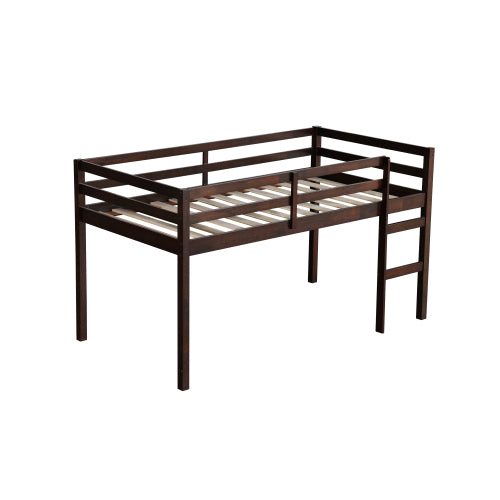 Solid Wooden, Rubber Wooden Twin Loft Bed With Ladder, Bed Platform Of Strengthened Slats , Espresso