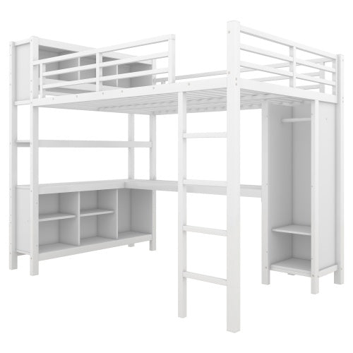 Metal Loft Bed With Wardrobe And L-shaped Desk, Full Size Loft Bed With Storage Cubes And Shelves, Heavy Duty Loft Bed For Kids Teens Adults