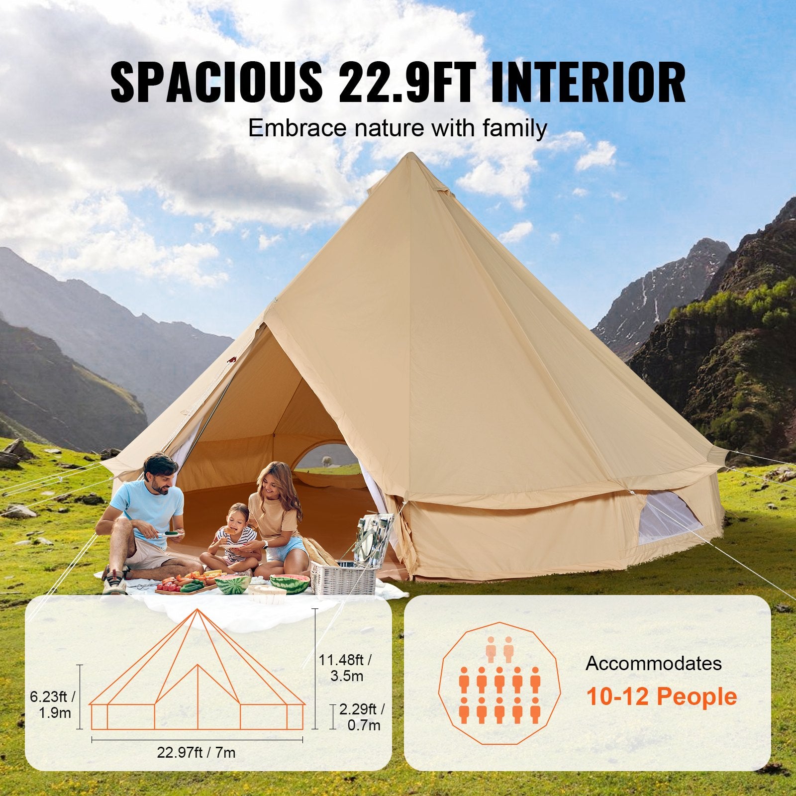 12 Person Canvas Glamping Bell Tent, Breathable Waterproof Large Yurt Tent With Stove Jack And Detachable Side Wall For Family Camping, 23'x23'x137"(Diameter 7M)