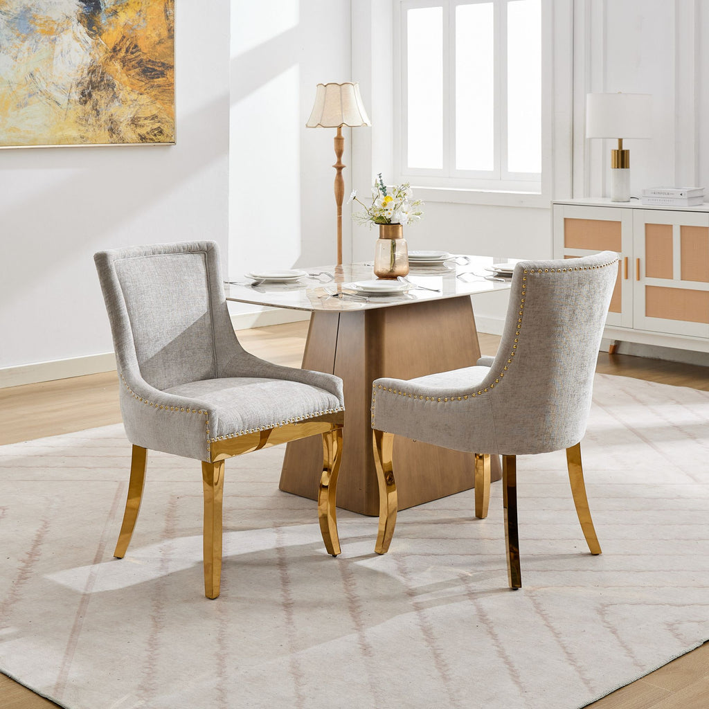 Chenille Dining Chairs, Modern Style With Curved Gold - Plated Legs  Rivet Trim, Upholstered Comfort For Dining  Lounge, Accent Seating With Textured Fabric  One  Piece Structure, Beige,Set Of 2