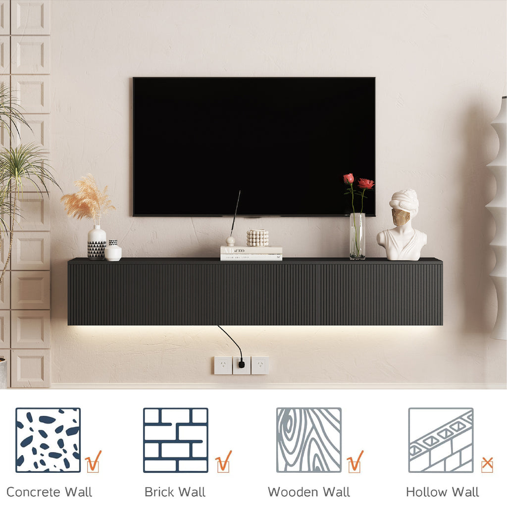 Floating TV Stand Wall Mounted With 16 Color LEDs,69 Modern TV Stand, Floating TV Cabinet Entertainment Center For 55 60 65 Inch TV,Black