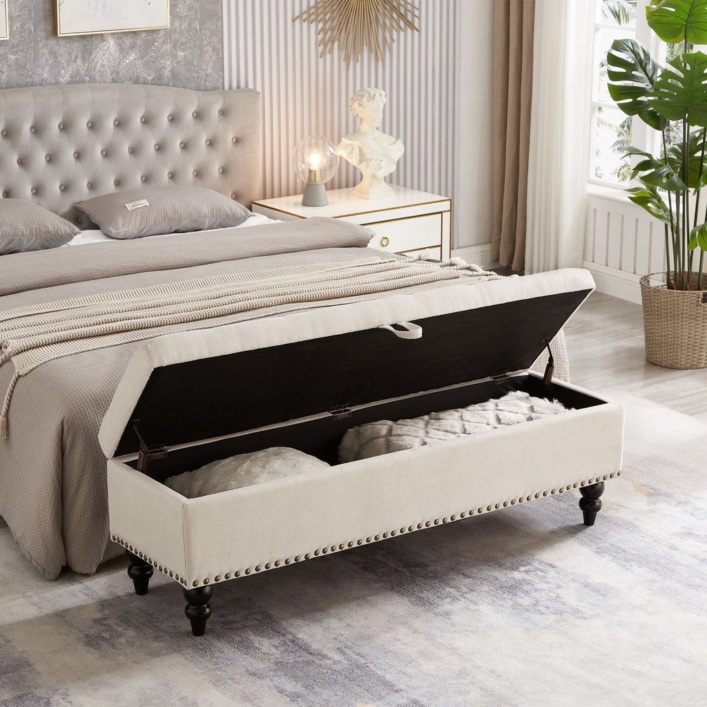 59 Bed Bench Ottoman With Storage Beige Fabric