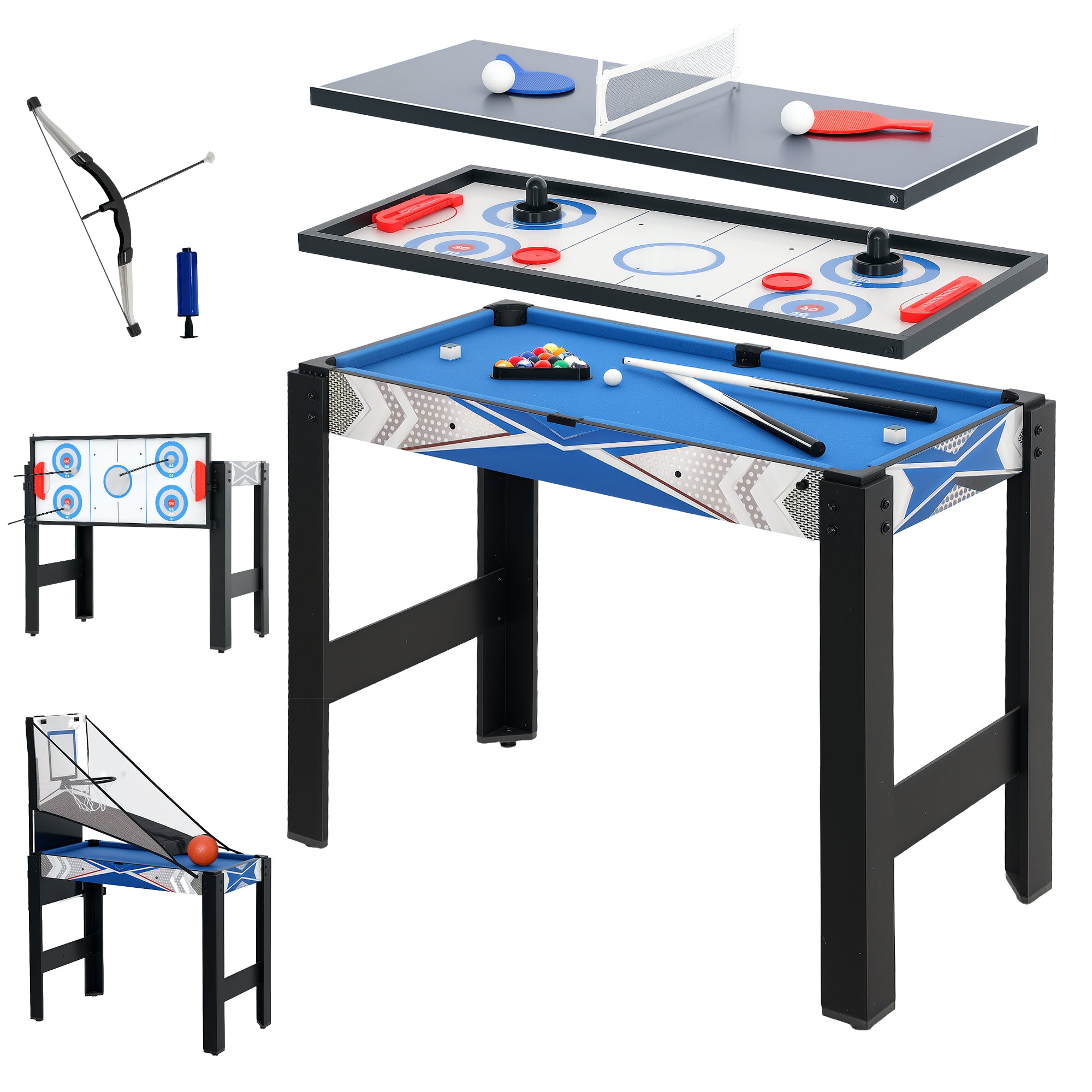 SPORTNOW 5-in-1 Multi Games Table, With Pool, Table Tennis, Basketball, Hockey, Archery, Blue