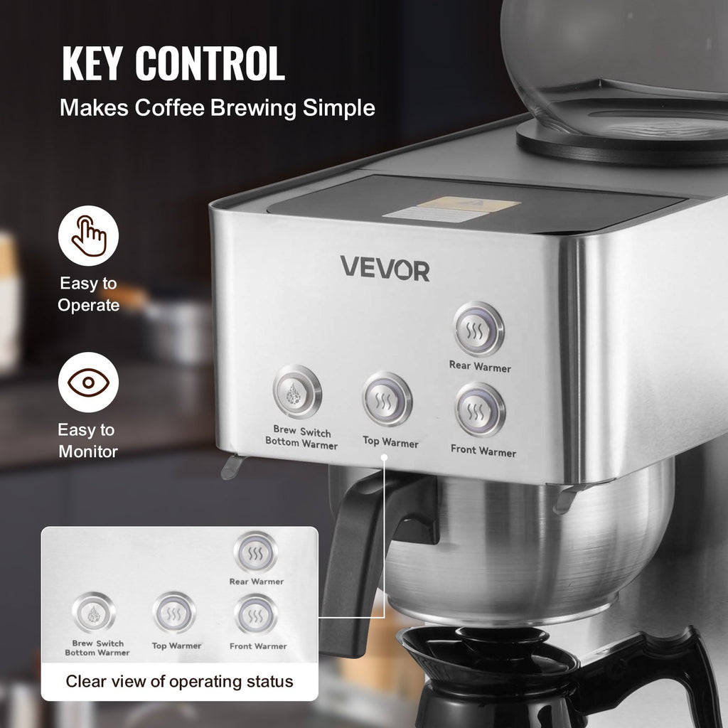 Commercial Drip Coffee Maker, 12 Cups Coffee-Maker Machine With 4 Glass Carafes And 4 Decanter Warmer Plates, Stainless Steel Drip Style Coffee Brewer, For Restaurant, Office, Coffee Shop & Home