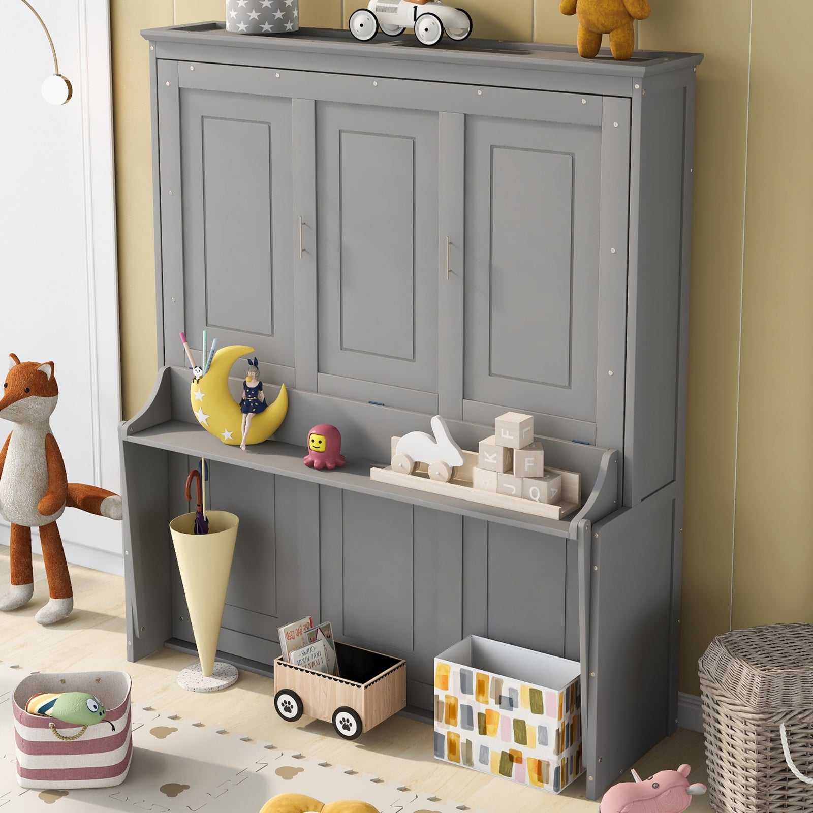 Queen Size Murphy Bed With A Shelf, Gray