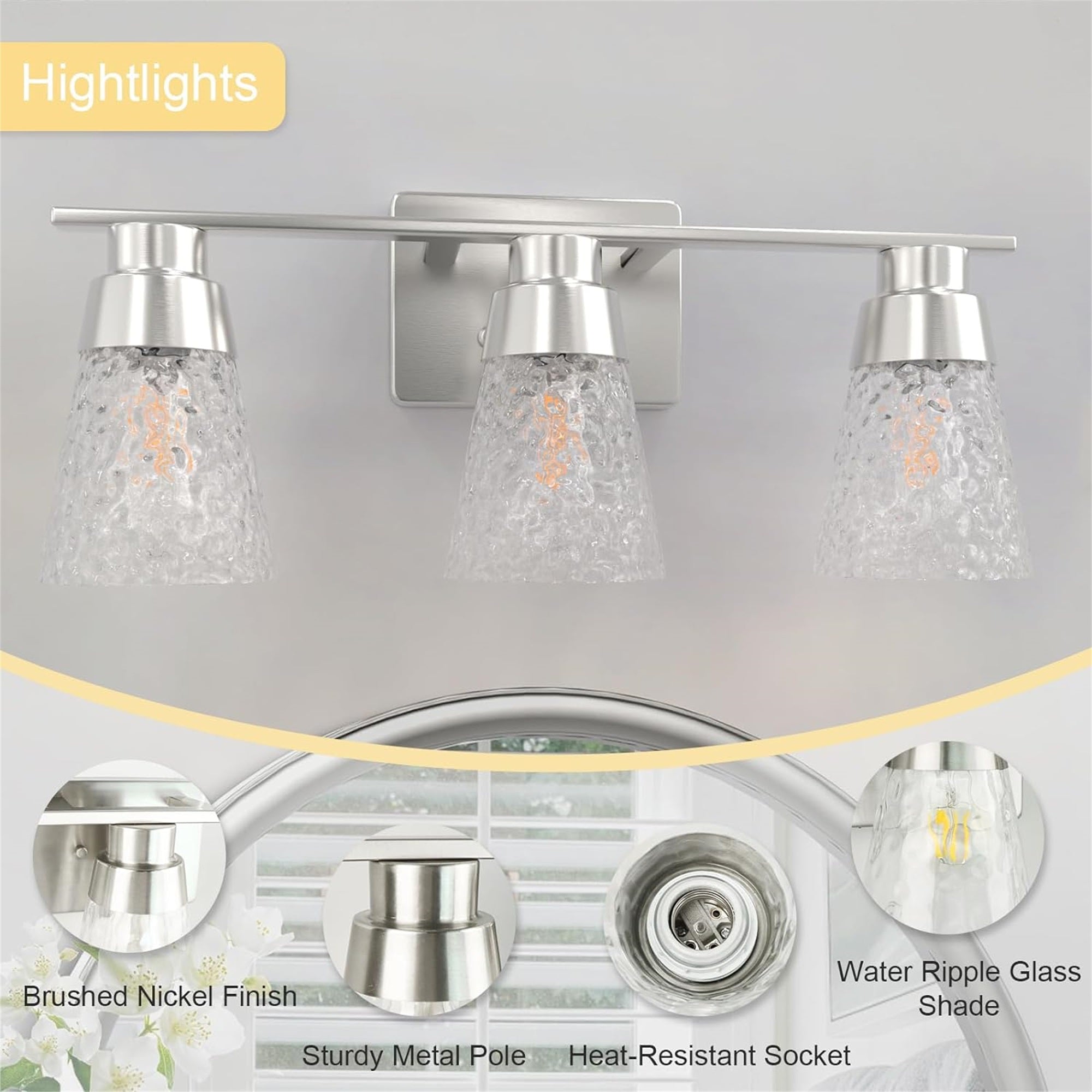 3 Light Brushed Nickel Bathroom Vanity Light Fixtures With Clear Hammered Glass Shade, 22 Inch Bathroom Lighting Fixtures Over Mirror, For Bathroom Shower Toilet