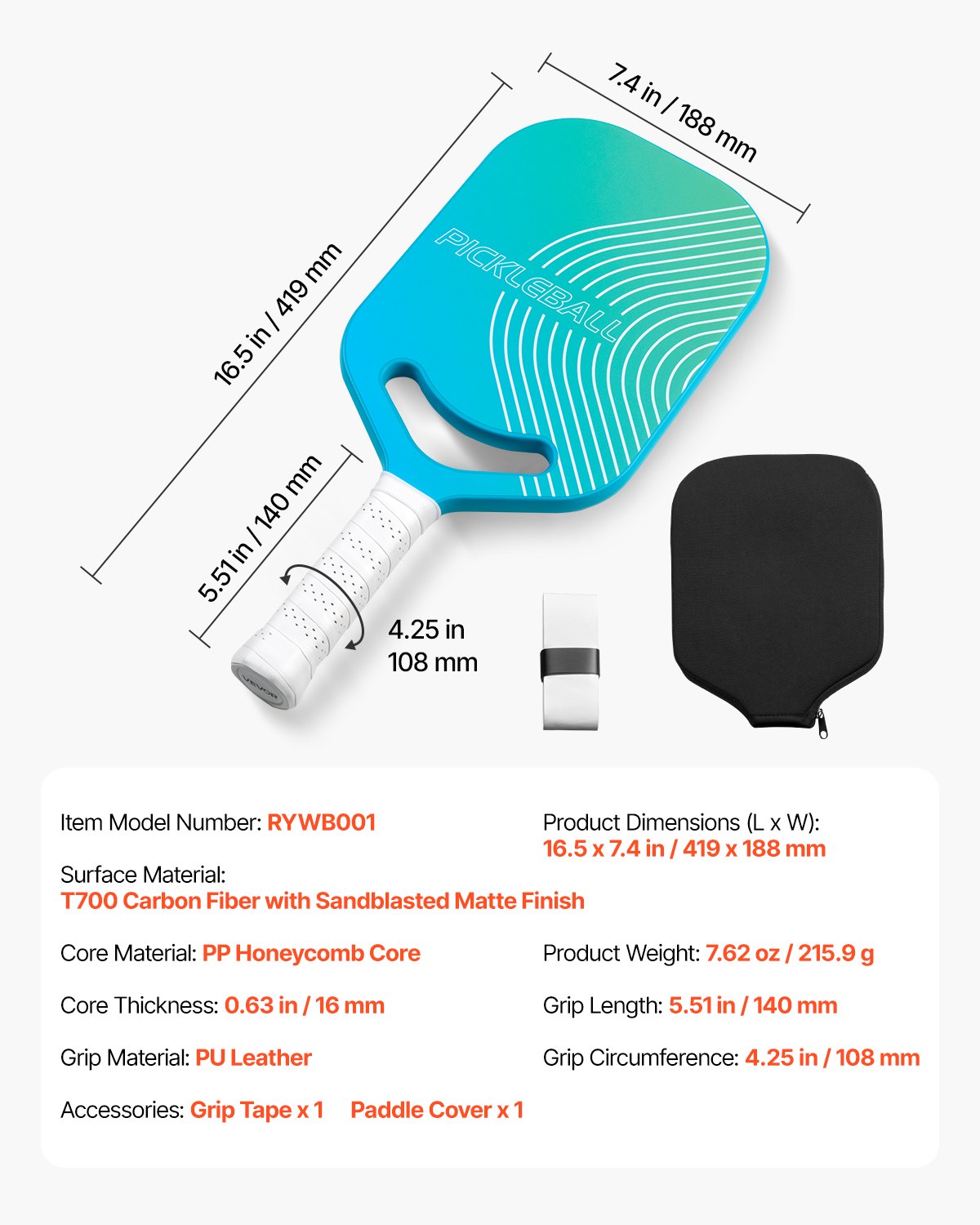 Pro Carbon Fiber Pickleball Paddle With Aero Throat Honeycomb Core Racket