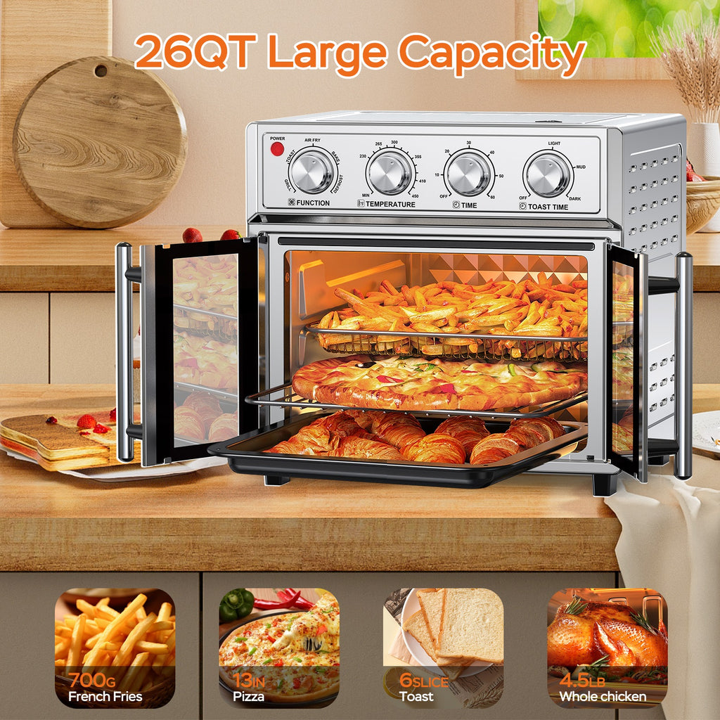 29.5 QT Air Fryer Convection Toaster Oven, French Door, 6 Slices, 1700W, Multifunction Oven, Air Fryer, Toast, Grill, Defrost, Bake, Time And Temperature Controls, Silver