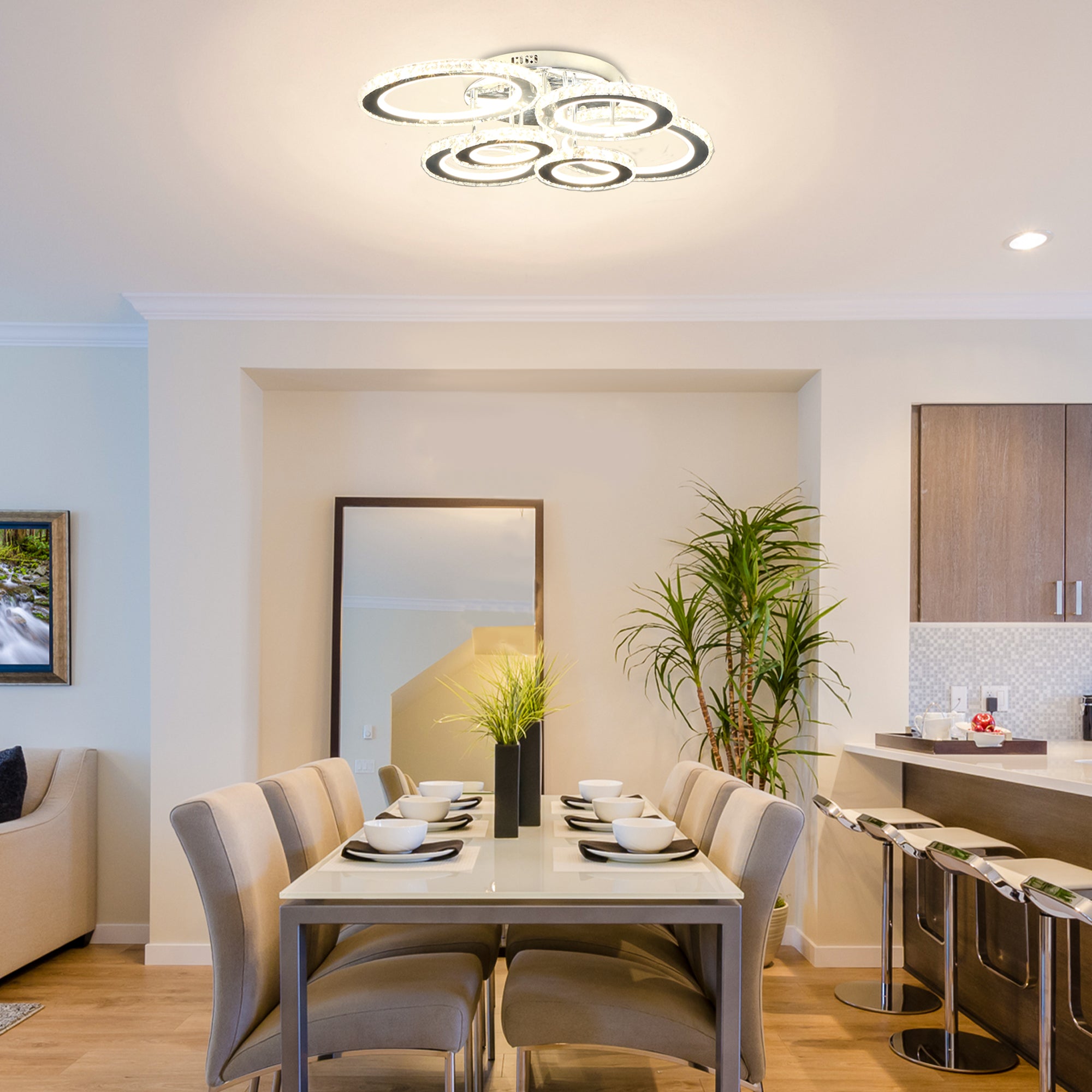 Elegant LED Chandelier with 6 Rings, Ceiling Light with Cool White Lighting for Living Room, Dining Room, or Bedroom, Silver