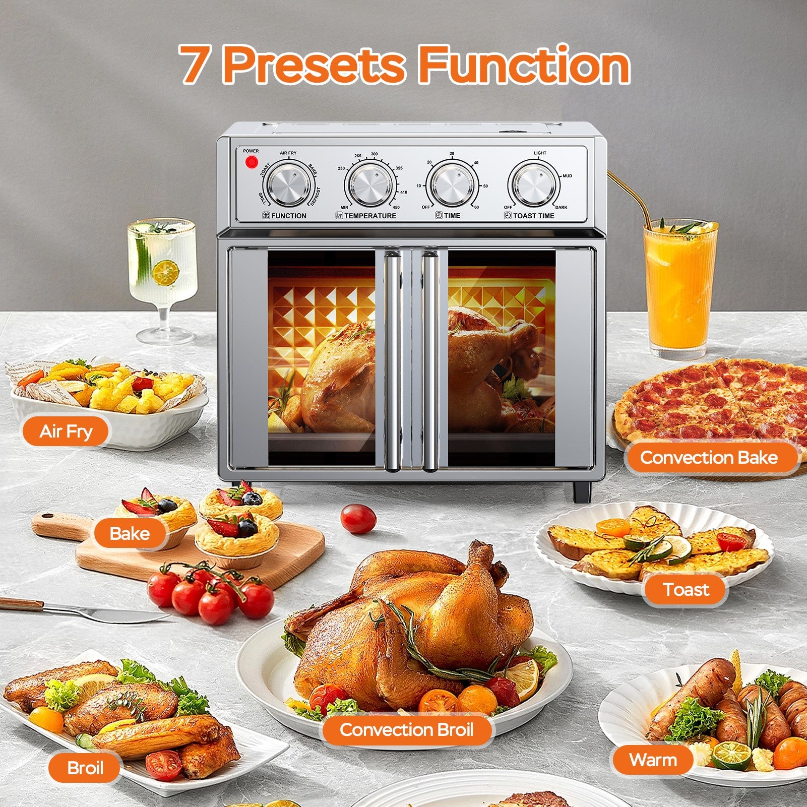 29.5 QT Air Fryer Convection Toaster Oven, French Door, 6 Slices, 1700W, Multifunction Oven, Air Fryer, Toast, Grill, Defrost, Bake, Time And Temperature Controls, Silver